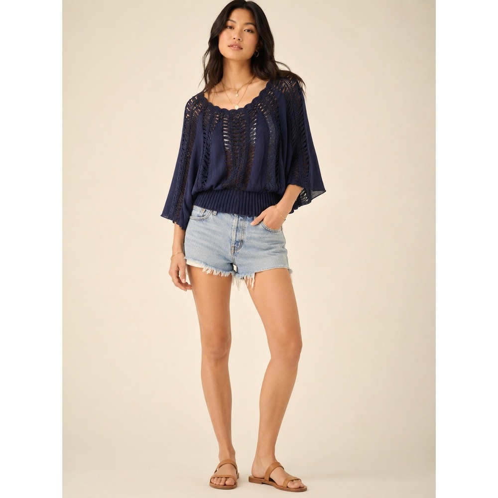 TINY Anthropologie Crochet Batwing Boho Blouse Blue Large Open Knit Top